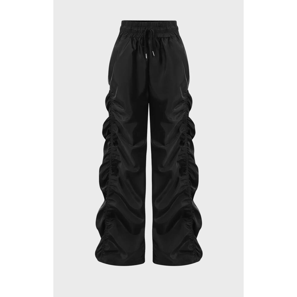 Kollyy Black Harajuku Nylon Baggy Ruched Gathered Y2K Windbreaker Pants Small